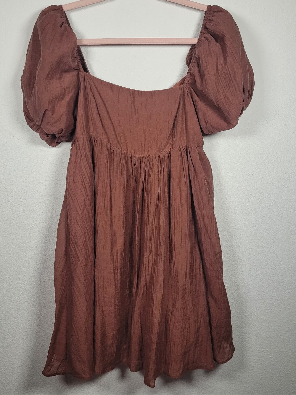 Storia Puff Short Sleeve Babydoll Mini Dress Rust Brown Smocked M Cottagecore